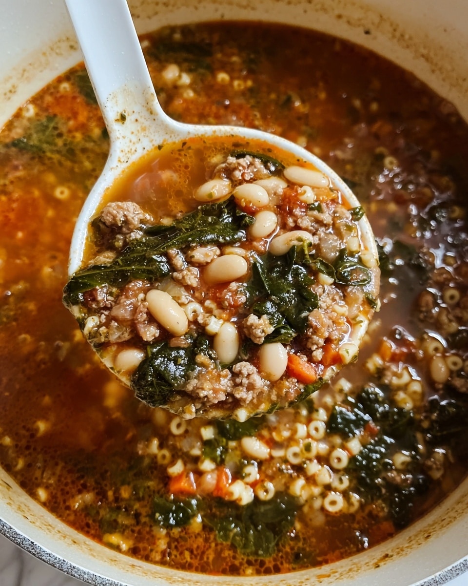 A close-up view of a thick soup with multiple layers: a rich brown-red broth at the base, filled with small beige pasta tubes and white beans, mixed with dark green spinach leaves and orange carrot pieces. Bits of browned ground meat are spread evenly throughout. The soup is held by a white ladle lifting a portion, showing the dense mix of ingredients. The pot edge is visible around the soup, and the background is a white marbled texture. Photo taken with an iphone --ar 4:5 --v 7