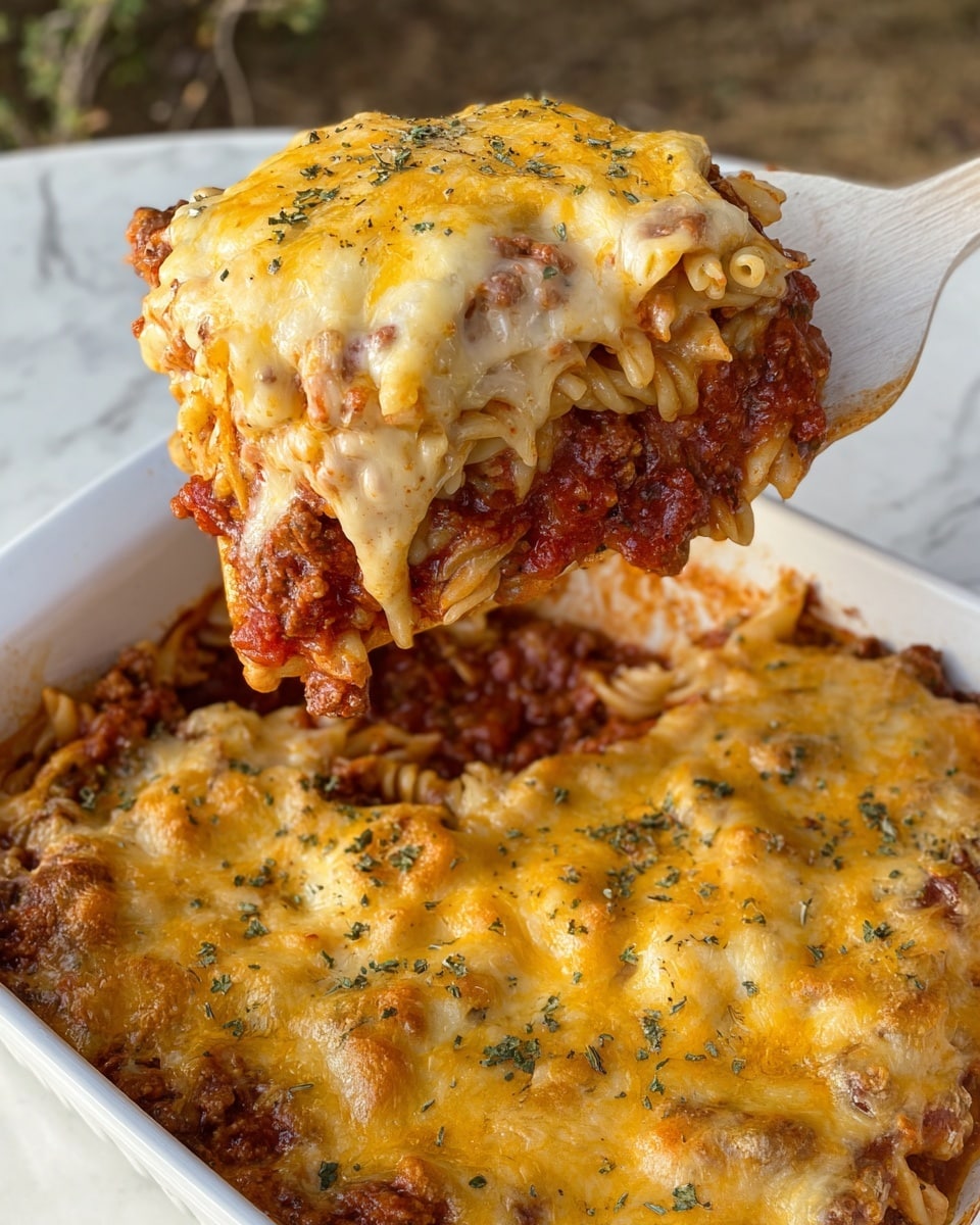 The image shows a close-up of a cheesy baked pasta casserole being served with a white spatula with a wooden handle. The dish has three main visible layers: the bottom layer is a rich tomato sauce with ground meat and chunks of tomato, deep red in color; the middle layer consists of pale yellow cooked pasta; and the top is covered with a thick layer of melted golden-yellow cheddar cheese sprinkled with small bits of green herbs. The casserole is in a white ceramic baking dish, with the white marbled surface underneath and some natural outdoor greenery blurred in the background. The texture looks creamy and gooey with the cheese melting and stretching in the portion being served. photo taken with an iphone --ar 4:5 --v 7