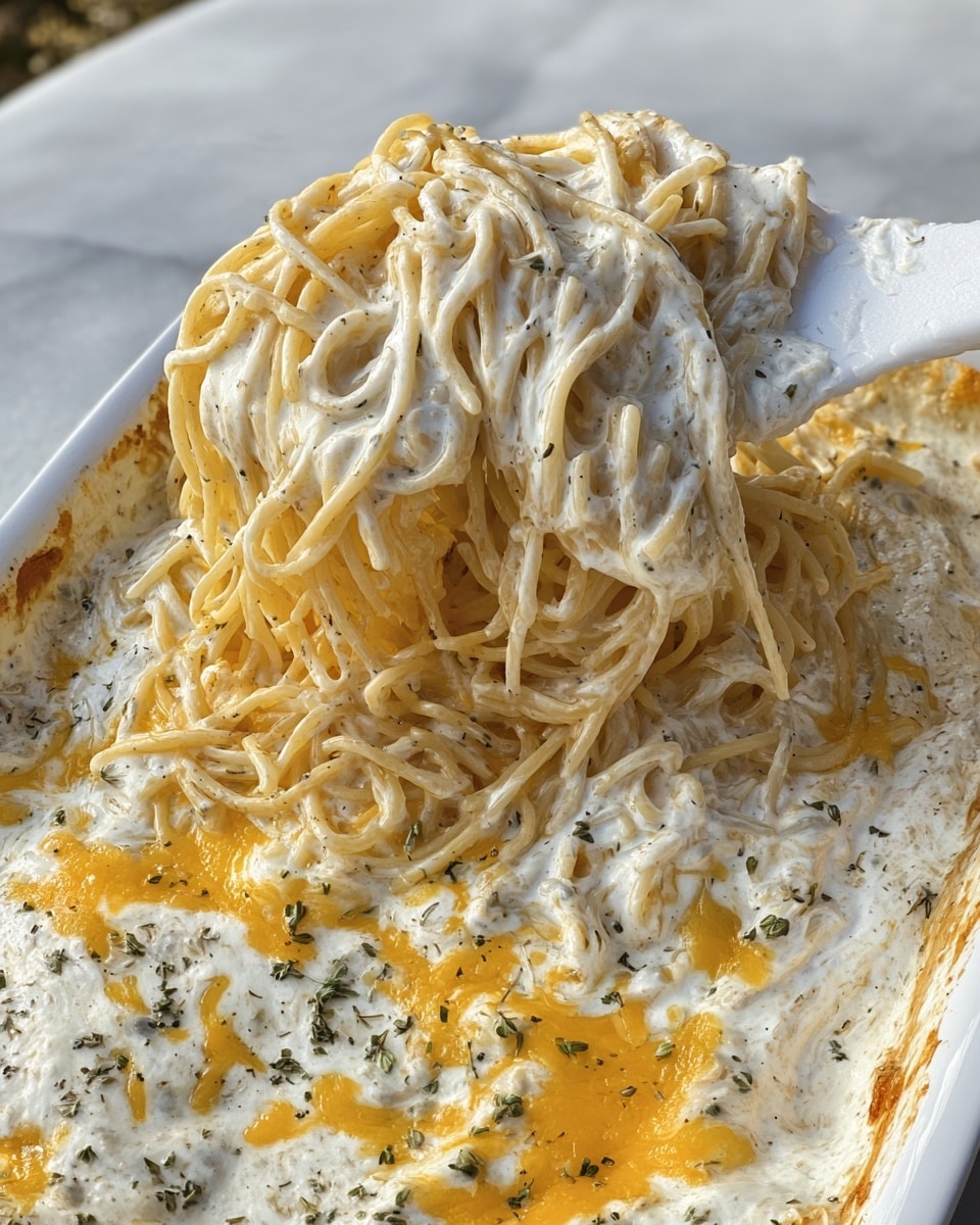 The image shows a close-up of a white dish filled with baked spaghetti covered in a creamy, light beige cheese sauce that has a slightly browned, melted cheese layer on top with golden patches. The spaghetti noodles are thick and coated in sauce, visible in a lifted clump held by a white spatula near the top right of the dish. The cheese topping is sprinkled with small green herb flakes evenly across the surface. The background has a white marbled texture. Photo taken with an iphone --ar 4:5 --v 7