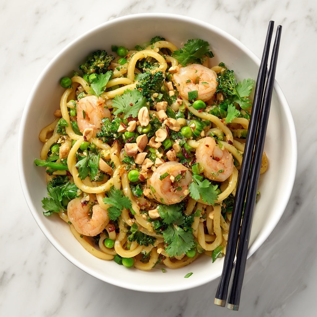 This dish shows a white bowl filled with three main layers: at the bottom, light golden cooked noodles are loosely piled; the middle layer has orange-pink shrimp mixed evenly with bright green peas and small broccoli florets, adding fresh texture; on top, small pieces of chopped nuts and fresh green cilantro leaves are scattered, giving color contrast and a crunchy look. Black chopsticks rest on the edge of the bowl, sitting on a white marbled surface. photo taken with an iphone --ar 4:5 --v 7