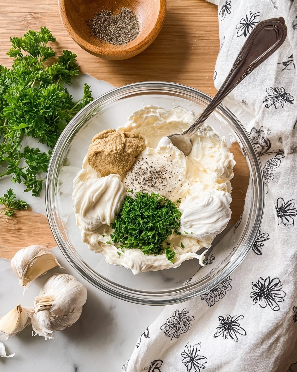 The image shows a clear glass bowl placed on a white marbled surface with a metal spoon inside. The bowl contains five different layers of ingredients: a thick white creamy base filling most of the bowl, a slightly off-white paste at the lower left, a small dollop of light beige mustard-like paste near the center, a small heap of bright green chopped parsley on the upper left, and another dollop of creamy off-white mayonnaise on the upper right. There is a sprinkling of ground black pepper across the mustard paste and creamy layers. Surrounding the bowl are fresh green parsley sprigs, a wooden bowl with black pepper, and garlic cloves. A white cloth with black flower designs is draped to the right. photo taken with an iphone --ar 4:5 --v 7