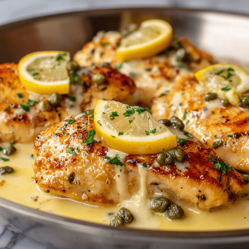 This image shows three golden-brown cooked chicken cutlets placed closely together, covered with a creamy, light yellow sauce that has a smooth, slightly thick texture. Each cutlet is topped with a small triangular slice of lemon with pale yellow skin and soft white pith. Scattered on and around the chicken pieces are small, round green capers and small bits of fresh green parsley, creating a touch of color contrast. The dish rests on a white marbled surface that adds brightness and a clean look to the overall presentation. photo taken with an iphone --ar 4:5 --v 7
