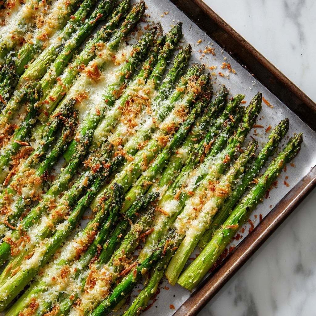 The image shows a baking sheet covered with green asparagus spears arranged in neat clusters near the edges, leaving the center mostly empty. Each group of asparagus is evenly coated with a layer of grated parmesan cheese that has melted and turned golden brown in spots, creating a crispy, textured crust on top. The baking sheet has scattered cheese bits and browned crispy cheese flakes around the asparagus, adding contrast to the otherwise bright green vegetables. The surface under the baking sheet is changed to a white marbled texture. photo taken with an iphone --ar 4:5 --v 7