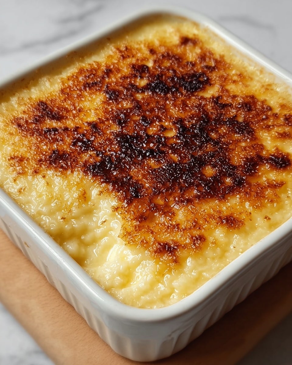 A white ceramic casserole dish holds a baked rice pudding with a thick layer of golden brown caramelized crust on top, showing a slightly darker toasted center. Underneath, the creamy rice pudding is pale yellow-white, with soft, plump grains visible right beneath the crust. One small spoonful has been taken from the side, revealing the smooth and creamy texture inside. The dish sits on a white marbled surface. photo taken with an iphone --ar 4:5 --v 7