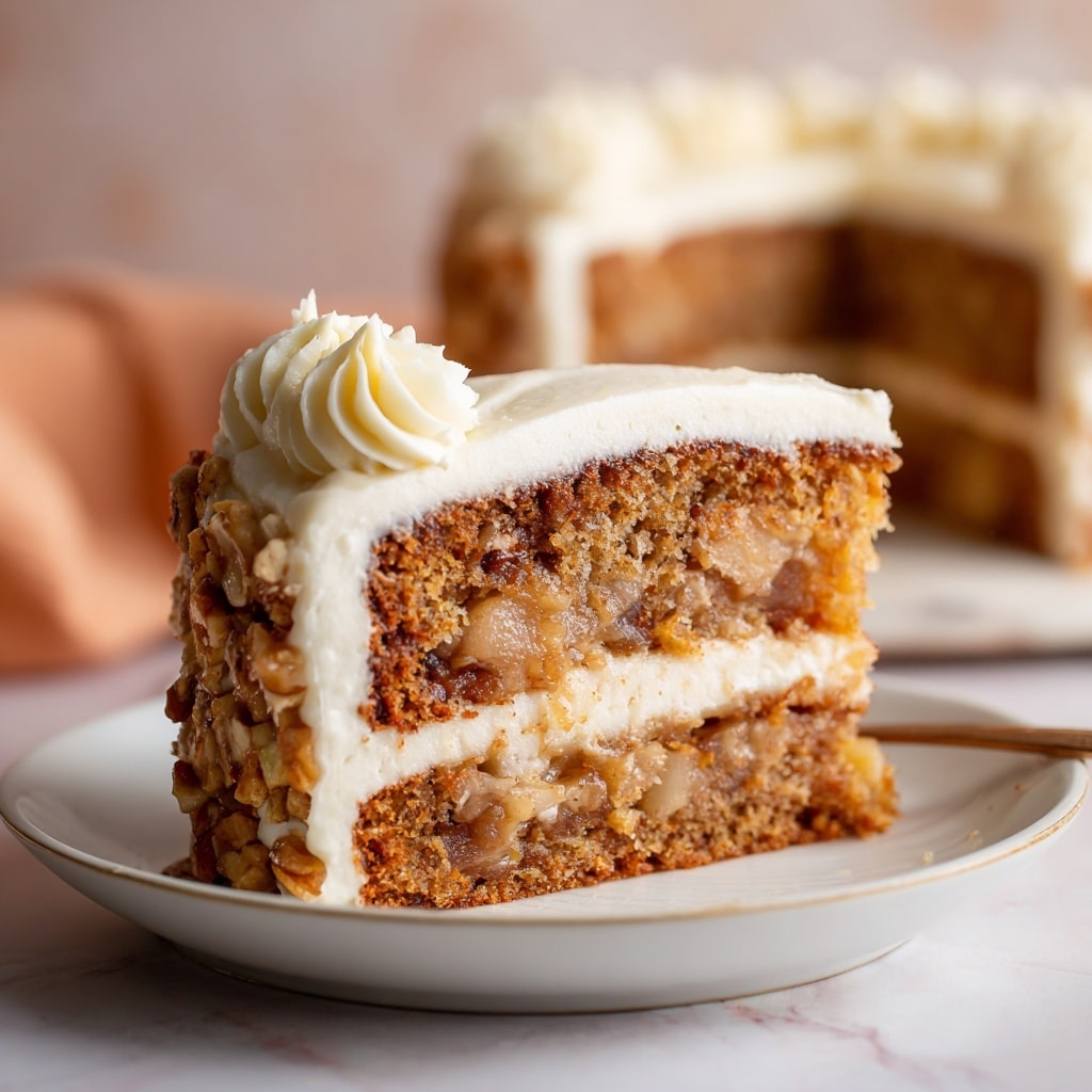 A close-up view of a two-layer carrot cake slice on a white plate, showcasing a moist, textured brown cake with visible bits of carrot and nuts. Each layer is separated by thick, creamy white frosting and the top is generously covered with smooth, wavy white frosting. The cake sits on a surface with a white marbled texture in the background, giving a clean and bright setting. Photo taken with an iphone --ar 4:5 --v 7