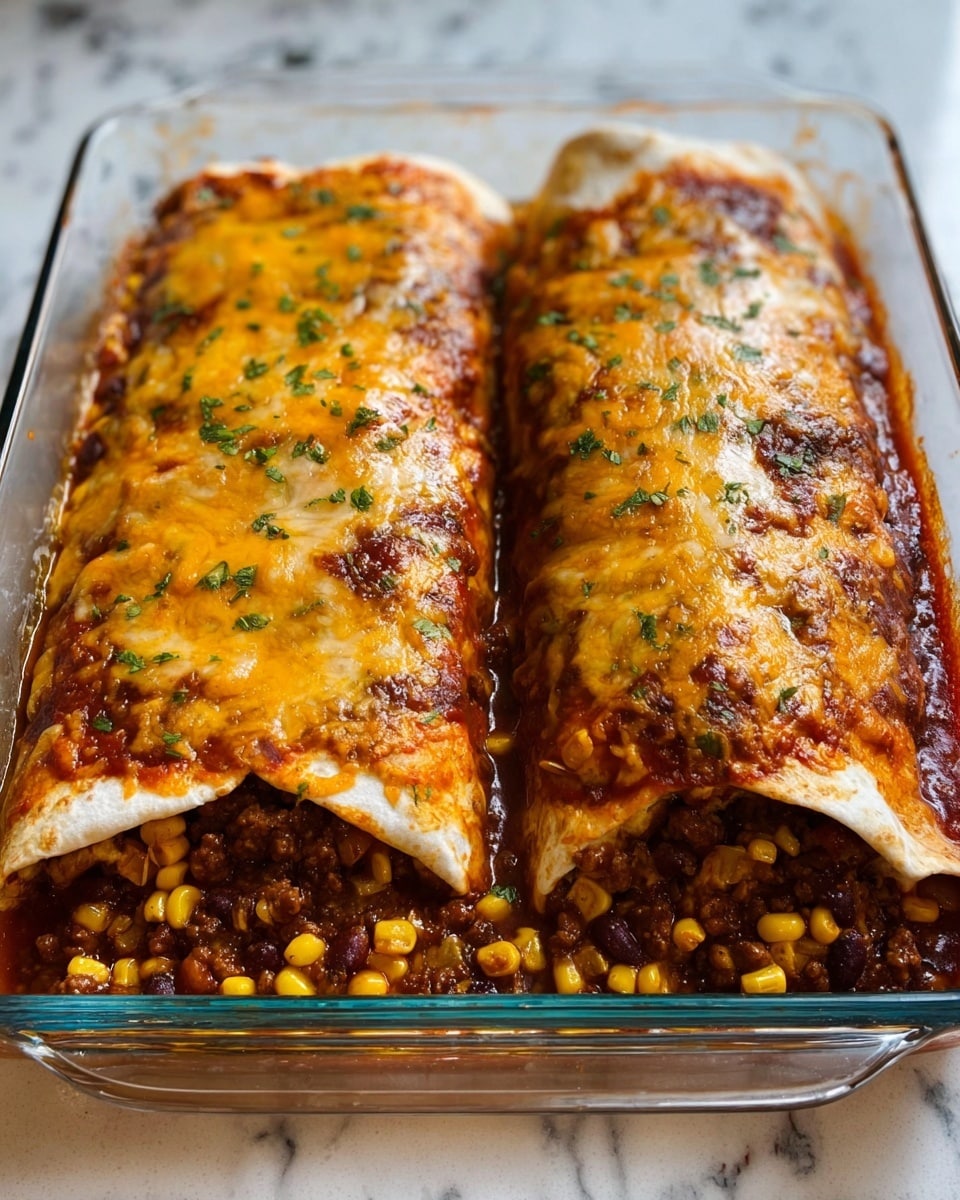 Two large burritos sit side by side in a clear rectangular glass dish on a white marbled surface. The burritos are covered in a thick, melted layer of golden brown cheese, with bits of green herbs sprinkled on top. The top cheese layer is bubbly with darker roasted spots. Inside, the burritos are filled with layers of dark brown ground meat mixed with bright yellow corn kernels, and a rich red sauce coats the filling. The edges of the burritos show soft, slightly toasted white tortillas holding the filling tightly. Photo taken with an iphone --ar 4:5 --v 7