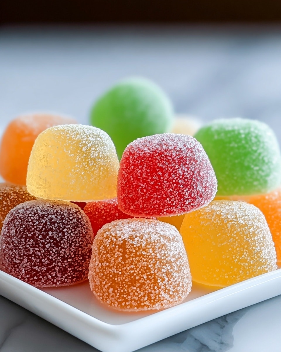 The image shows a close-up of soft jelly candies on a white plate. There are many candies, each with a rounded, dome-like shape and covered in sugar crystals that give them a sparkly look. The candies come in different bright colors: red, orange, green, and yellow. They are spread out evenly on the plate, creating a colorful and shiny display. The background is a white marbled surface that adds a clean and smooth contrast to the bright, sugary candies. photo taken with an iphone --ar 4:5 --v 7