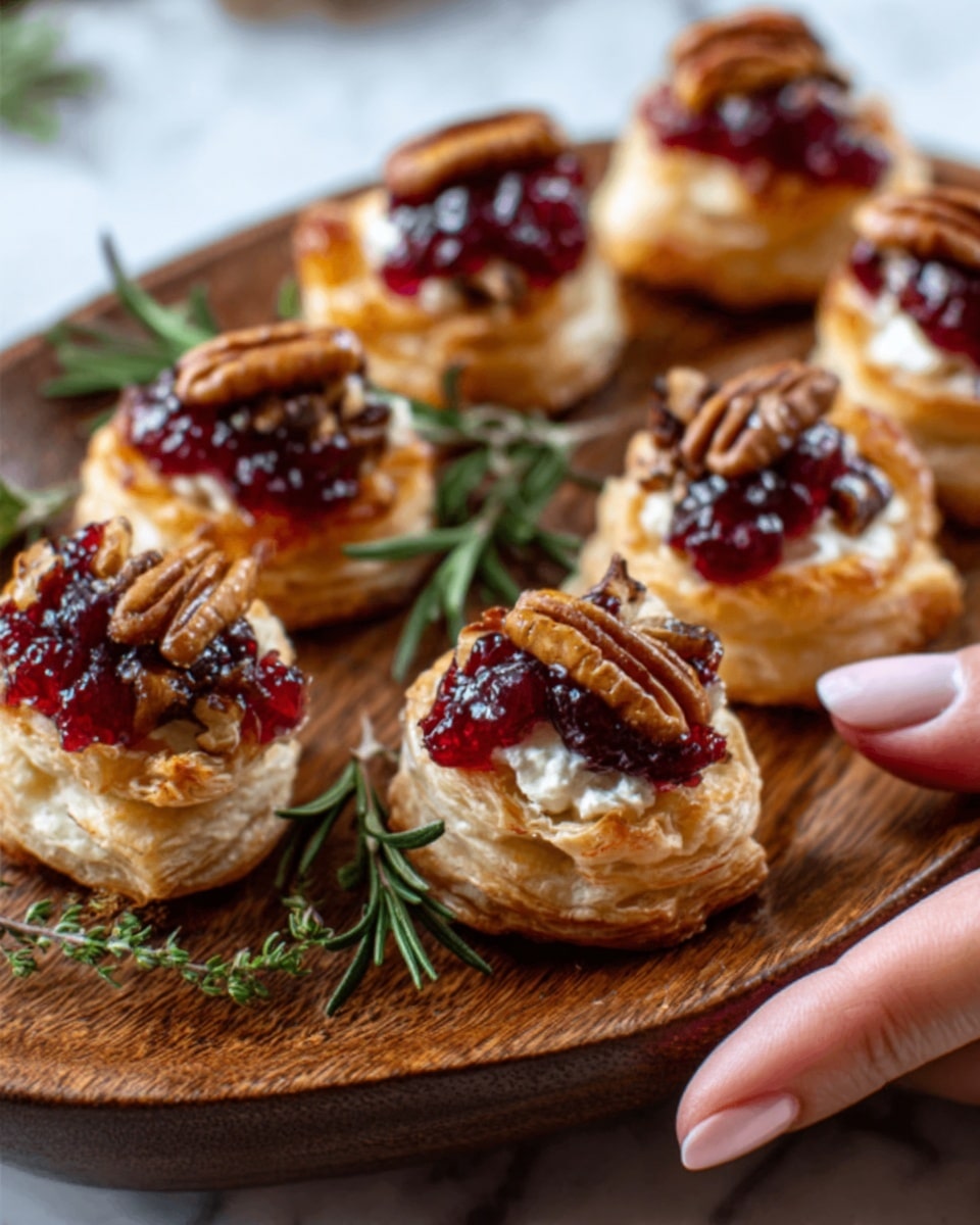 A close-up image showing multiple puff pastry bites stacked with three layers of light golden flaky crust at the base, topped with a melted white cheese layer, then a bright red jelly spread and finished with pecan halves and small green rosemary leaves for garnish, all placed on a round wooden board held by woman's hands over a white marbled surface. photo taken with an iphone --ar 4:5 --v 7