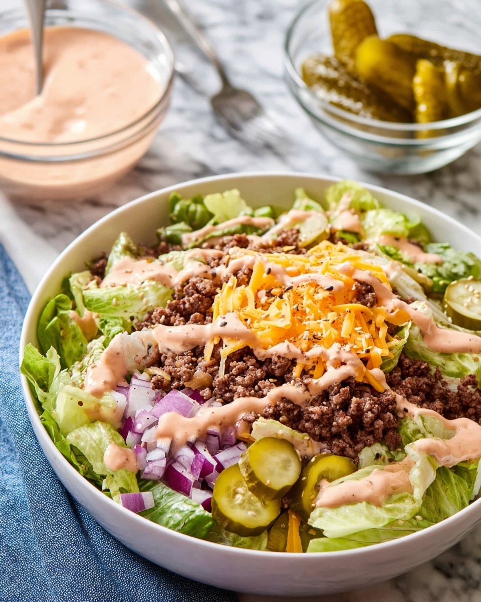 A white bowl filled with a layered salad starting with a base of green leafy lettuce, topped with dark brown cooked ground meat pieces. On top of the meat, there are thin light orange shredded cheese strips scattered evenly. Greenish-yellow sliced pickles are spread on the cheese, mixed with small diced purple onions. A light pink creamy sauce generously drizzles over the top, sprinkled with sesame seeds and cracked black pepper. Behind the bowl, there is a small glass bowl with pickles and another glass bowl with the same pink sauce, all placed on a white marbled surface with a blue cloth nearby. Photo taken with an iphone --ar 4:5 --v 7