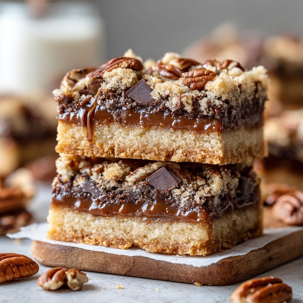 The image shows two stacked dessert bars on a rustic wooden board covered with parchment paper, placed on a white marbled texture. Each bar has three layers: the bottom layer is a light golden-brown firm crust, the middle layer is gooey caramel with melted dark chocolate chunks, and the top layer is a mix of crunchy pecan pieces and bits of the crust, giving a textured look. The background is blurred with warm tones, and some pecans are scattered around the wooden board in the foreground. photo taken with an iphone --ar 4:5 --v 7