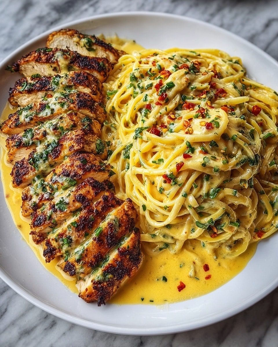 On a white plate, there is a serving of grilled chicken breast sliced into about ten pieces, showing a golden-brown, crispy texture with green herbs scattered on top. Next to the chicken is a mound of creamy spaghetti coated in a light yellow sauce with visible herbs and small red pepper flakes, creating a mix of textures from smooth sauce to tender noodles. The sauce pools slightly around the base of the spaghetti and chicken, adding a glossy finish. Photo taken with an iphone --ar 4:5 --v 7
