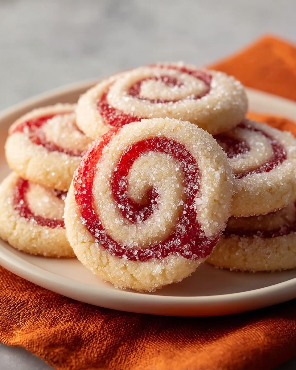 A beige plate holds several round swirl cookies arranged in a small stack. Each cookie has two visible layers: a light beige soft dough forming the base layer and a dark brown chocolate dough creating spiral swirls on top of the beige base, giving a pinwheel effect. The entire surface of the cookies is coated lightly with fine white sugar crystals that add a frosted appearance. The plate is placed on an orange textured cloth over a white marbled surface, creating a warm yet neutral background. Photo taken with an iphone --ar 4:5 --v 7
