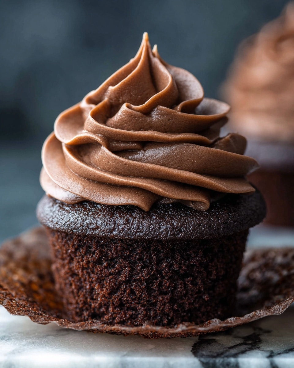 A close-up view of a single chocolate cupcake with two main layers: the base is dark, rich chocolate cake with a moist and slightly crumbly texture, and on top is a thick, smooth swirl of medium brown chocolate frosting. The frosting forms several tall, rounded layers with soft, wavy edges, creating a rose-like pattern that tapers to a point at the top. The cupcake rests on a partially peeled back brown paper liner, placed against a blurred dark background with a white marbled surface below. Photo taken with an iphone --ar 4:5 --v 7