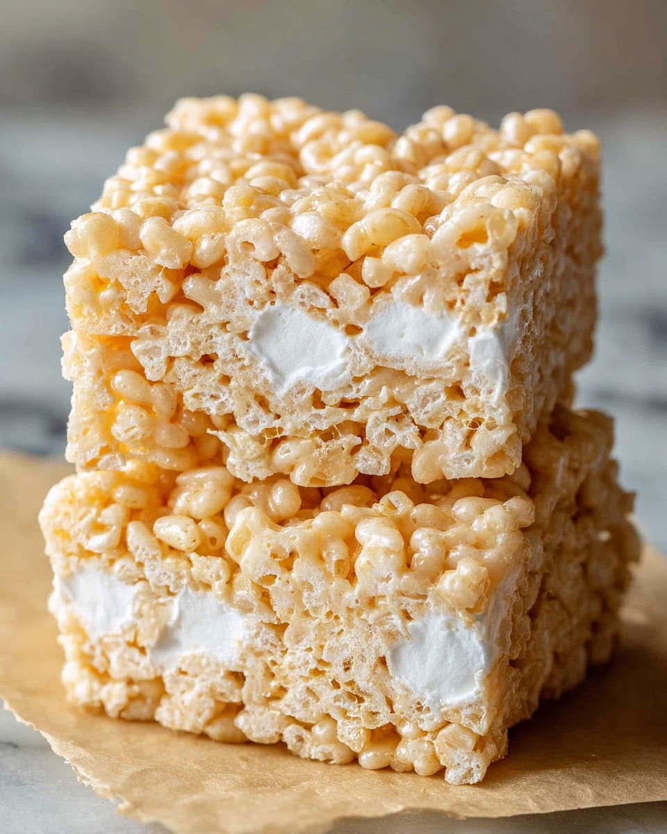 The image shows two stacked rice crispy treats with a close-up view of their texture. Each treat has three visible layers: the top and bottom layers are golden brown and made of puffed rice mixed with melted marshmallow, giving a sticky and slightly shiny look, while the middle layer is white and fluffy marshmallow that appears soft and gooey. The treats are placed on a piece of light brown parchment paper, and the background is a white marbled texture, slightly blurred to keep focus on the treats. photo taken with an iphone --ar 4:5 --v 7