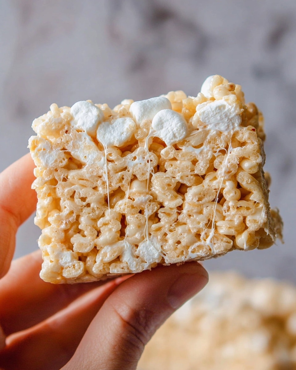 A close-up of a rectangular bar made of light beige puffed rice and white melted marshmallow pieces that stick together, showing a sticky texture with small threads of melted marshmallow stretching between the rice grains. A woman's hand is holding the bar from the bottom and side, with a white marbled background softly blurred behind. The bar shows three main layers: the base layer of packed light beige puffed rice, the middle layer of sticky melted white marshmallow, and a top layer with puffed rice and chunks of marshmallow scattered on top. Photo taken with an iphone --ar 4:5 --v 7