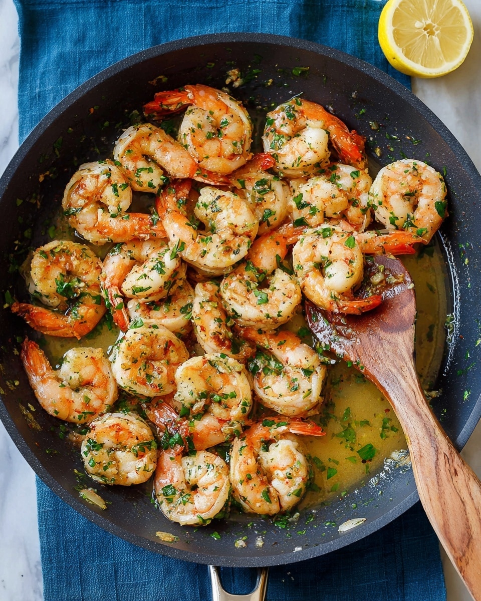 A white bowl filled with cooked shrimp covered in a mix of chopped green herbs and small pieces of garlic, all sitting in a light golden garlic butter sauce. The shrimp are pink and plump with a slightly shiny texture, some curled up while others are more open. On the side of the bowl, there are two bright yellow lemon wedges resting against the shrimp. A silver spoon holds one shrimp above the bowl, showing the glistening sauce and herb mix close up. The background is a white marbled texture. Photo taken with an iphone --ar 4:5 --v 7