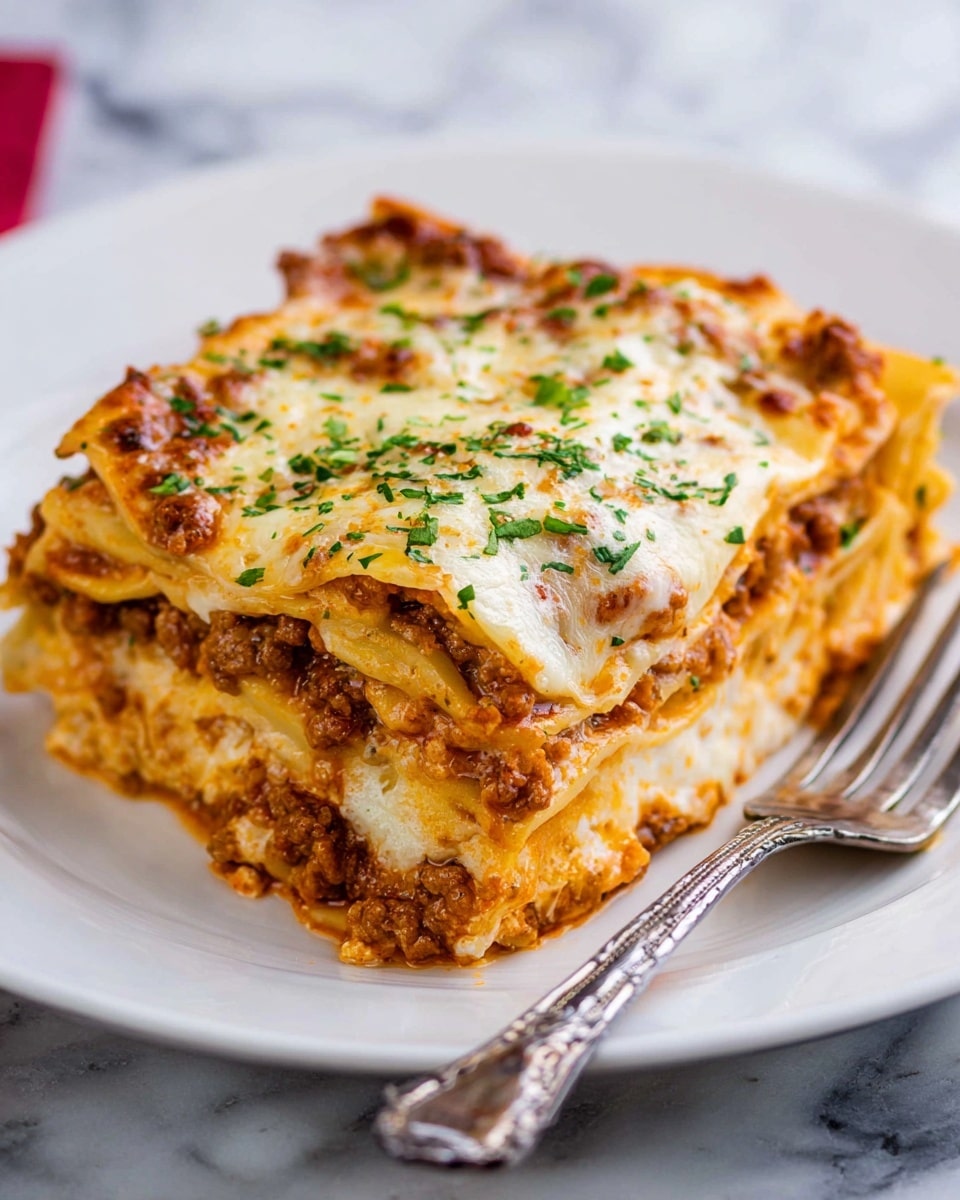 A thick square slice of lasagna with multiple layers is shown on a white plate. The bottom layer is a light golden pasta sheet, followed by a layer of orange meat sauce mixed with cheese. Above that is a creamy white cheese layer, topped by another pasta sheet. The next visible layer has browned, melted cheese with bits of cooked ground meat and bits of green herbs sprinkled across the top, giving it a fresh look. The edges have a slightly crispy golden-brown texture. Next to the lasagna sits a silver fork with a detailed handle. The plate is on a surface with a white marbled texture. photo taken with an iphone --ar 4:5 --v 7