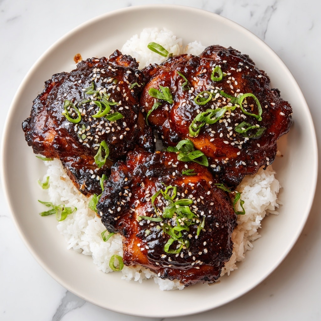 A white plate holds a bed of fluffy white rice as the base layer, topped with three glossy, dark brown glazed chicken thighs that have a sticky texture and slightly charred edges. The chicken is generously sprinkled with small light brown sesame seeds and small bright green chopped scallions scattered evenly across the top, adding a fresh contrast. The glossy sauce on the chicken reflects light, making it look juicy and rich. This close-up image is sharp and detailed, with a white marbled texture surface beneath the plate. photo taken with an iphone --ar 4:5 --v 7