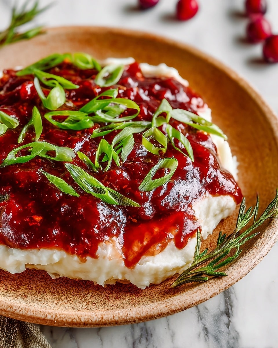The image shows a close-up of a dish with two main layers on a white plate. The bottom layer is creamy white with a smooth texture and a little wavy edge. On top of it, there is a thick, glossy dark red sauce that looks rich and has a slightly chunky texture. Scattered across the red sauce are fresh, thin, bright green slices of green onion, adding a fresh contrast to the deep red layer. The plate sits on a white marbled surface with some cranberries and green onion pieces around it. photo taken with an iphone --ar 4:5 --v 7