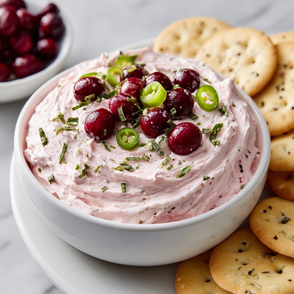A white bowl filled with a smooth, light pink creamy dip forms the main layer. Scattered within and on top of the dip are small dark red cranberries and finely chopped green herbs. The center is decorated with sliced bright green jalapeño rings and chopped green onions, adding fresh pops of color. The bowl sits partially on a white plate holding light yellow crackers with specks of herbs, all placed on a white marbled surface. In the background, another white bowl contains more of the dark red cranberries. Photo taken with an iphone --ar 4:5 --v 7