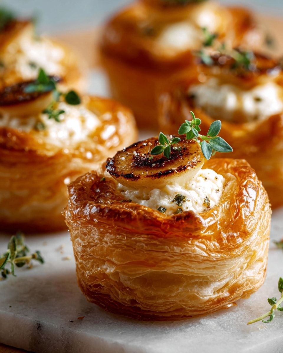The image shows several small puff pastry cups on a white marbled surface, each with multiple golden-brown flaky layers forming a hollow center. Inside each cup is a soft, white creamy filling topped with a small grilled round slice, and a fresh small green herb sprig is placed on top for decoration. The pastries have a shiny glaze that enhances their crusty texture. The focus is on one pastry in the front, with others softly blurred in the background, creating a warm and appetizing scene. Photo taken with an iphone --ar 4:5 --v 7