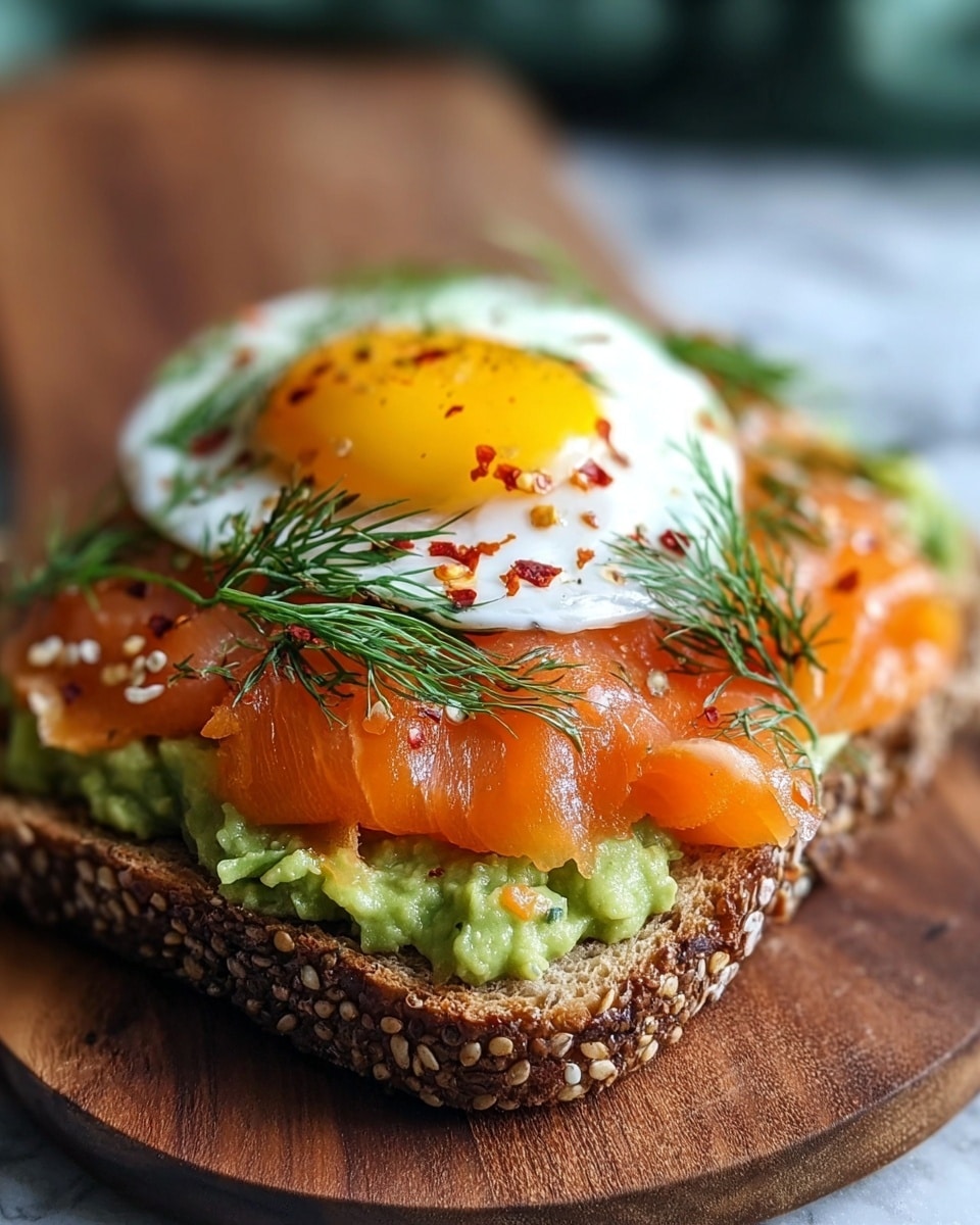 A slice of seeded whole grain bread forms the base, covered with a thick, creamy layer of mashed avocado mixed with green herbs. On top of that, there is a neat layer of glossy, orange smoked salmon with a slightly translucent texture. A perfectly cooked sunny-side-up egg with a bright, shiny yellow yolk and firm white sits on the salmon, sprinkled with red chili flakes and fresh dill sprigs. The open sandwich is placed on a wooden board with a blurred green and brown background, set on a white marbled texture. photo taken with an iphone --ar 4:5 --v 7