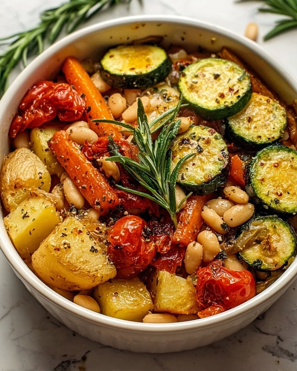 A white bowl is filled with a colorful mix of roasted vegetables and beans. The top layer has round slices of green zucchini with a slightly charred surface, bright yellow chunks of roasted potatoes, and small orange carrot pieces. Scattered white beans add texture and contrast. There are also some roasted red cherry tomato halves, giving a burst of red color. The dish is garnished with a sprig of fresh green rosemary in the center. The vegetables have a shiny, slightly oily look from roasting, and black pepper and herbs are sprinkled on top. The bowl is placed on a white marbled surface with a few sprigs of rosemary and cherry tomatoes around. photo taken with an iphone --ar 4:5 --v 7