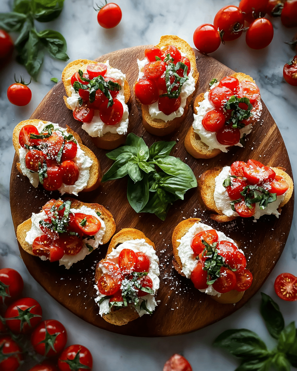 The dish is arranged in a circular wreath shape on a round wooden board. Each slice of toasted bread forms the base layer, with a golden-brown crust and a light, slightly crispy texture. On top of each toast slice is a generous layer of soft white cheese, spread thickly and unevenly for a creamy look. The next layer has bright red cherry tomato halves scattered across the cheese, with fresh green basil leaves finely chopped and sprinkled over the tomatoes. Coarse sea salt crystals are sprinkled on top, adding a bit of sparkle and texture. In the center of the wreath, a small cluster of whole green basil leaves adds a fresh focal point. The background is a white marbled texture with scattered tomatoes and green herbs surrounding the wooden board, enhancing the fresh feel of the dish. Photo taken with an iphone --ar 4:5 --v 7