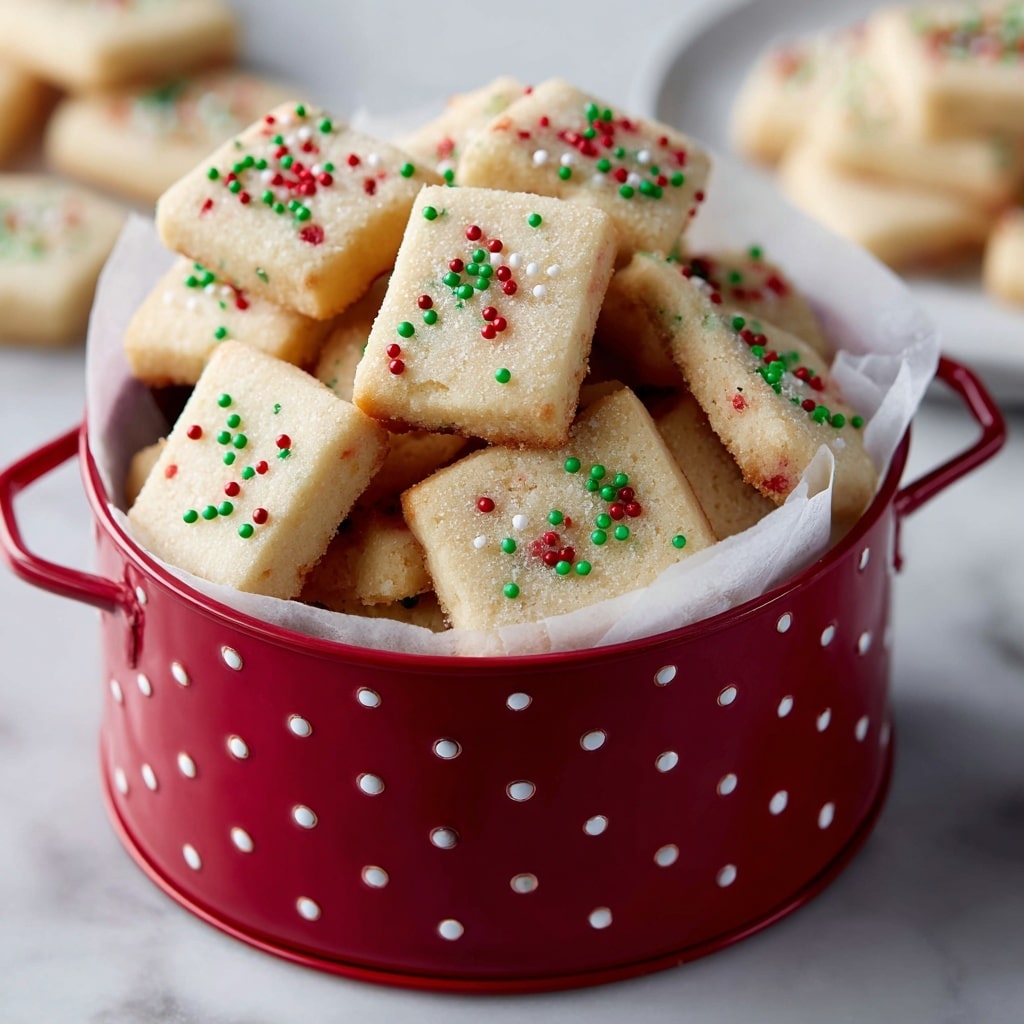 A round container with a red base and white polka dots is filled with small, square shortbread cookies that have a pale golden color. The cookies are layered casually inside the container, which is lined with white baking paper slightly creased around the edges. Each cookie is topped with tiny green, red, and white round sprinkles scattered unevenly, creating a festive look. The container sits on a white marbled surface. In the blurred background, a white plate with a similar cookie is partially visible. photo taken with an iphone --ar 4:5 --v 7
