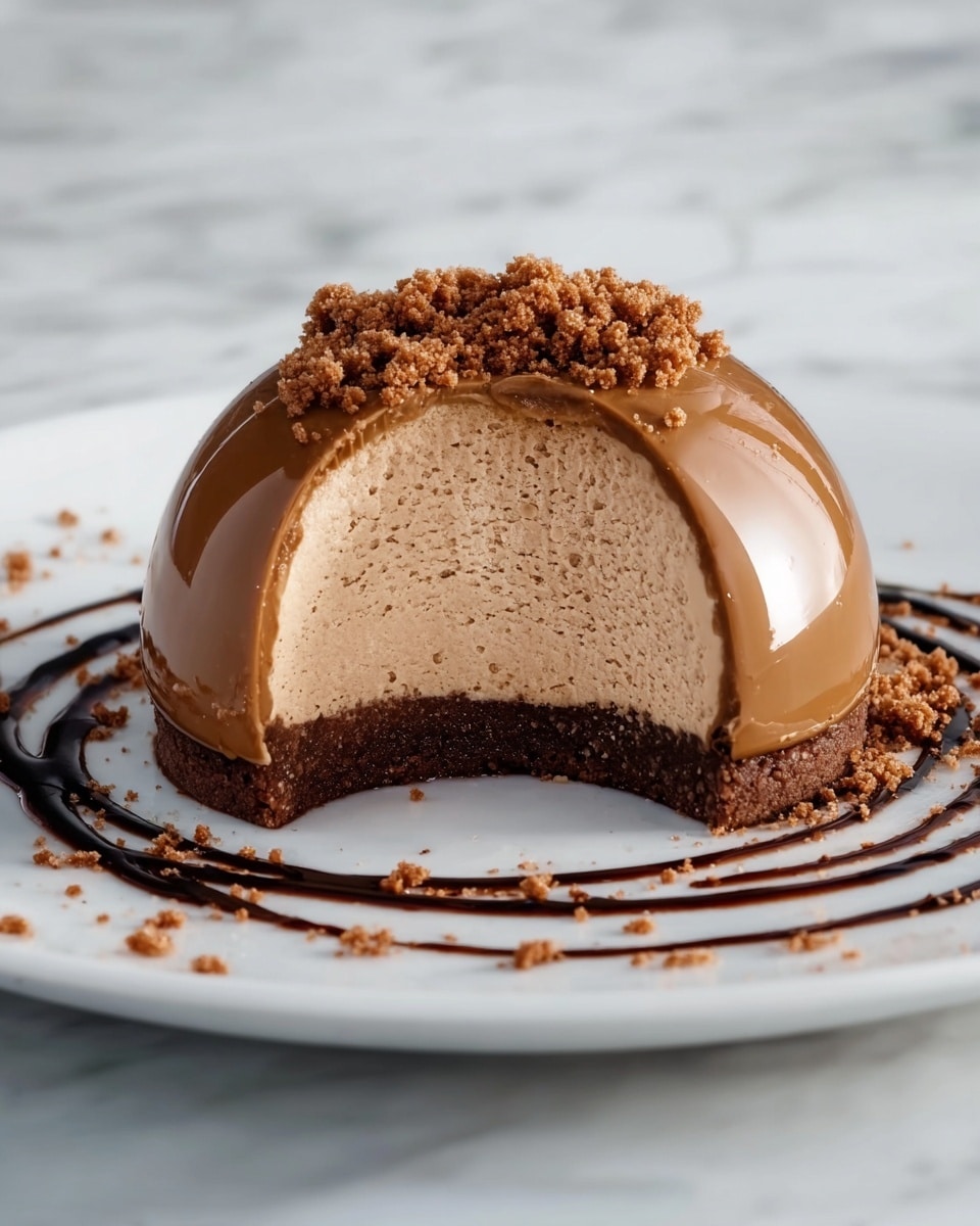 A round dome-shaped dessert with three visible layers sits on a white marbled surface. The bottom layer is a dark brown crumbly crust. Above it is a light coffee-colored creamy mousse layer with a soft, airy texture visible from the cut side. The top layer is a smooth, shiny caramel brown glaze covering the mousse dome. Crumbled bits of the crust are sprinkled on top and around the dessert, with a circle of dark chocolate sauce surrounding it. photo taken with an iphone --ar 4:5 --v 7