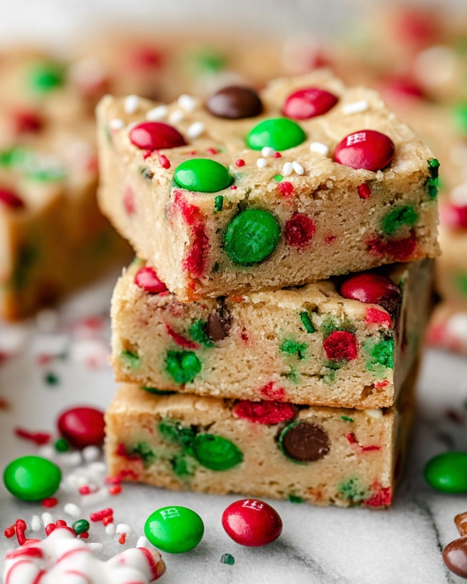 A close-up view of a stack of four thick square blondies on a white marbled surface, each blondie showing a soft and crumbly light beige base dotted with small red and green sprinkles inside. The top layer is decorated with shiny, round candy pieces in bright red and green, some partially embedded, with whole chocolate candies visible inside the cut edges. Around the stack, loose red and green candies, along with red, white, and green sprinkles, are scattered on the white marbled surface. The background is blurred, focusing attention on the colorful blondie stack. Photo taken with an iphone --ar 4:5 --v 7