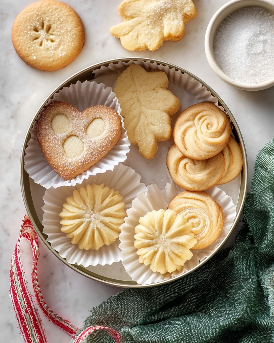 A white plate holds a pile of golden brown shortbread cookies of various shapes, including pretzels, roses, circles, and flower-like designs. Each cookie has a light dusting of coarse white sugar crystals, giving them a slightly sparkling look. The cookies have a crumbly texture with some edges a bit darker from baking. The plate rests on a faded green cloth with frayed edges, set on a white marbled surface. Additional cookies are softly blurred in the background, one in a white bowl and a few stacked on the surface. photo taken with an iphone --ar 4:5 --v 7