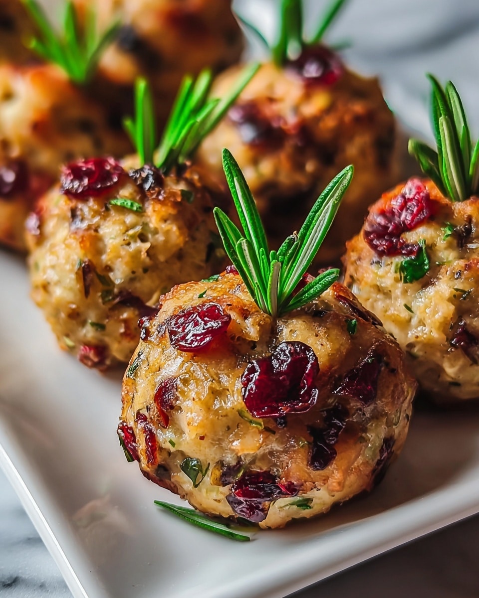 The image shows a close-up of multiple round balls made of a textured mixture that includes visible ingredients like red cranberry pieces, green herbs, and small bits of orange, likely vegetables or nuts. The balls have a golden-brown crust with a slightly rough surface and are garnished on top with small fresh sprigs of rosemary. They are arranged on a white rectangular plate that sits on a white marbled surface, and in the background, more of these balls are softly blurred, creating depth. Photo taken with an iphone --ar 4:5 --v 7