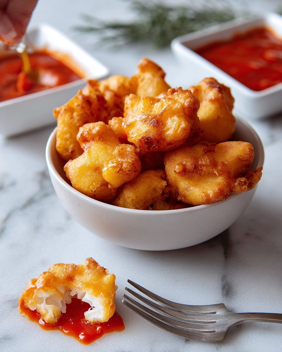 A white bowl filled with golden brown fried battered pieces, piled high with a crunchy texture and irregular shapes. In front of the bowl, a small piece of the batter with white inside sits on a white marbled surface, showing the soft interior. A fork nearby holds a bite-sized piece with bright red sauce dripping off it. In the background, a woman's hand dips another fried piece into a white square dish filled with thick red sauce, with some sauce spilled on the white marbled surface. Photo taken with an iphone --ar 4:5 --v 7