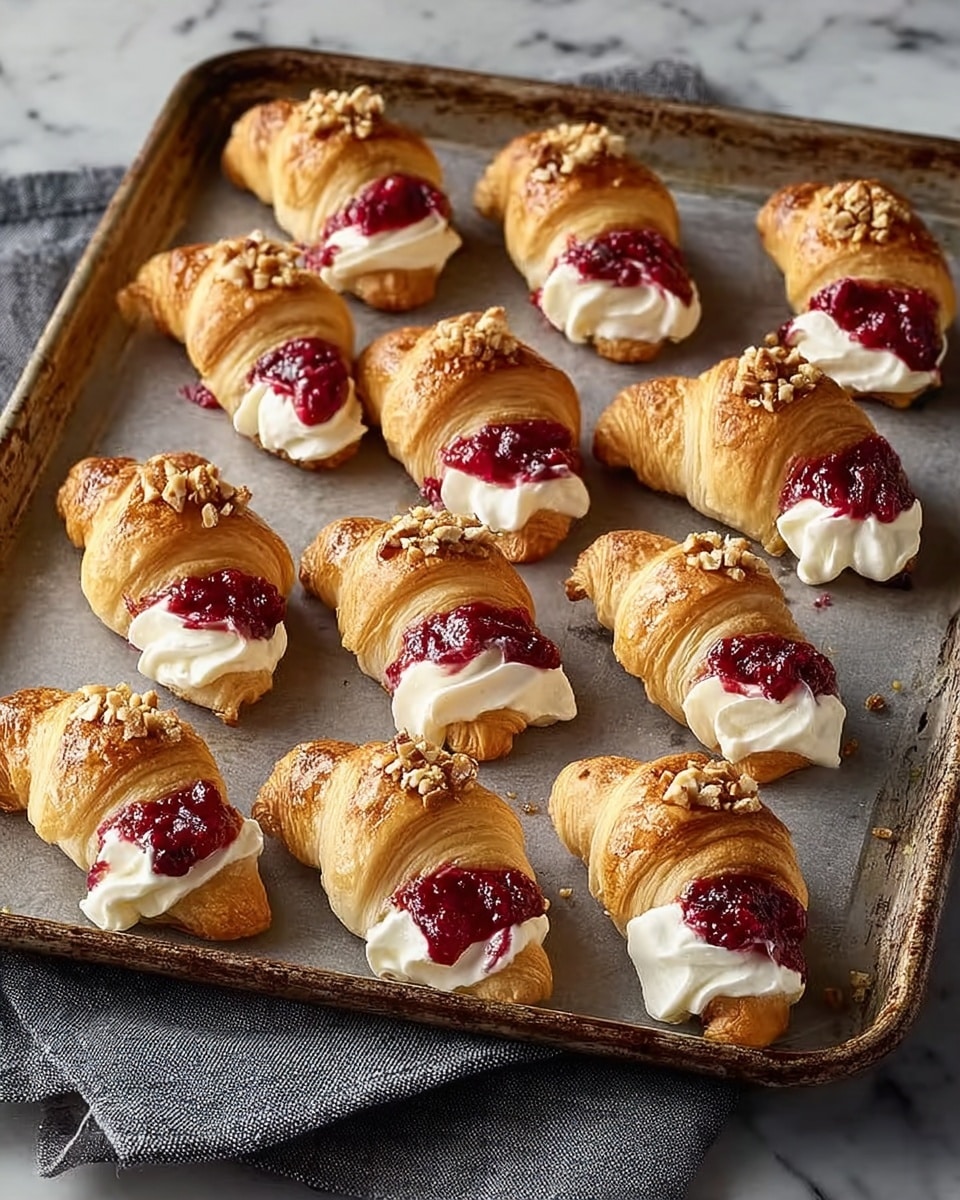 The image shows a metal baking tray filled with small golden croissants arranged in three rows. Each croissant has a soft, flaky texture with a light shine on its surface, topped with white creamy cheese in the middle, which is smooth and fluffy. On top of the cheese, there is a bright red berry jam, chunky and glossy, giving a fresh look. Some croissants have small chopped nuts sprinkled over the jam, adding a rough texture and pale brown color. The tray is placed on a white marbled surface with a gray cloth partly under it. Photo taken with an iphone --ar 4:5 --v 7