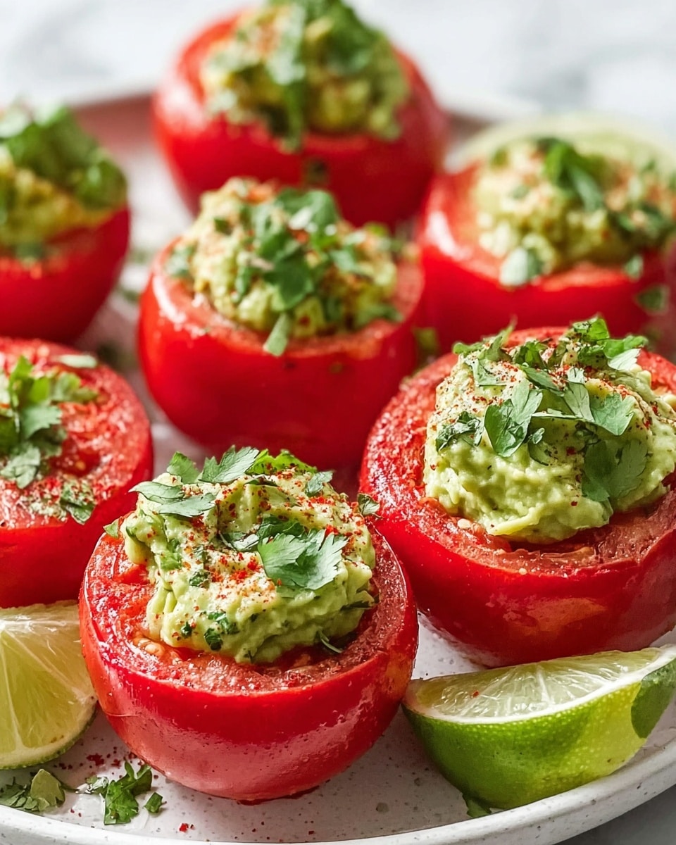 The image shows bright red hollowed tomatoes arranged on a white plate with a white marbled surface underneath. Each tomato is filled with a creamy, green avocado mixture that has a slightly chunky texture. On top of the green filling, there are small pieces of fresh green herbs and a light sprinkle of red seasoning. Around the tomatoes, there are a few lime wedges with a fresh green color that add contrast to the overall presentation. The light reflects softly on the shiny, smooth skin of the tomatoes, making them look fresh and juicy. photo taken with an iphone --ar 4:5 --v 7