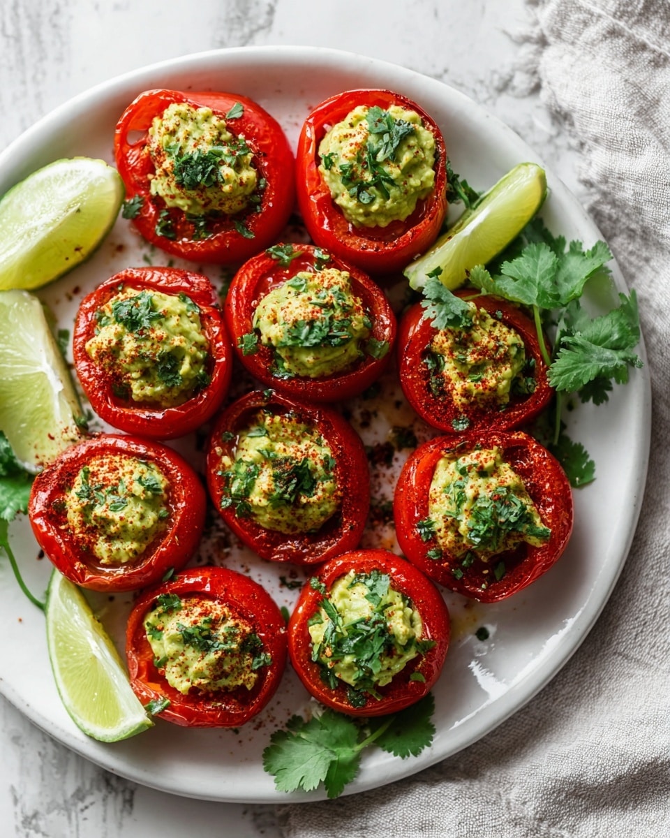 A white plate holds nine red, roasted tomatoes hollowed out and filled with a creamy light green guacamole, each topped with a sprinkle of chopped dark green herbs and red chili powder. Around the tomatoes, bright green cilantro leaves and three lime wedges add fresh color accents. The tomatoes' shiny, slightly wrinkled, roasted skin contrasts with the smooth, textured guacamole filling. The plate rests on a white marbled texture, with a light gray cloth napkin nearby. photo taken with an iphone --ar 4:5 --v 7