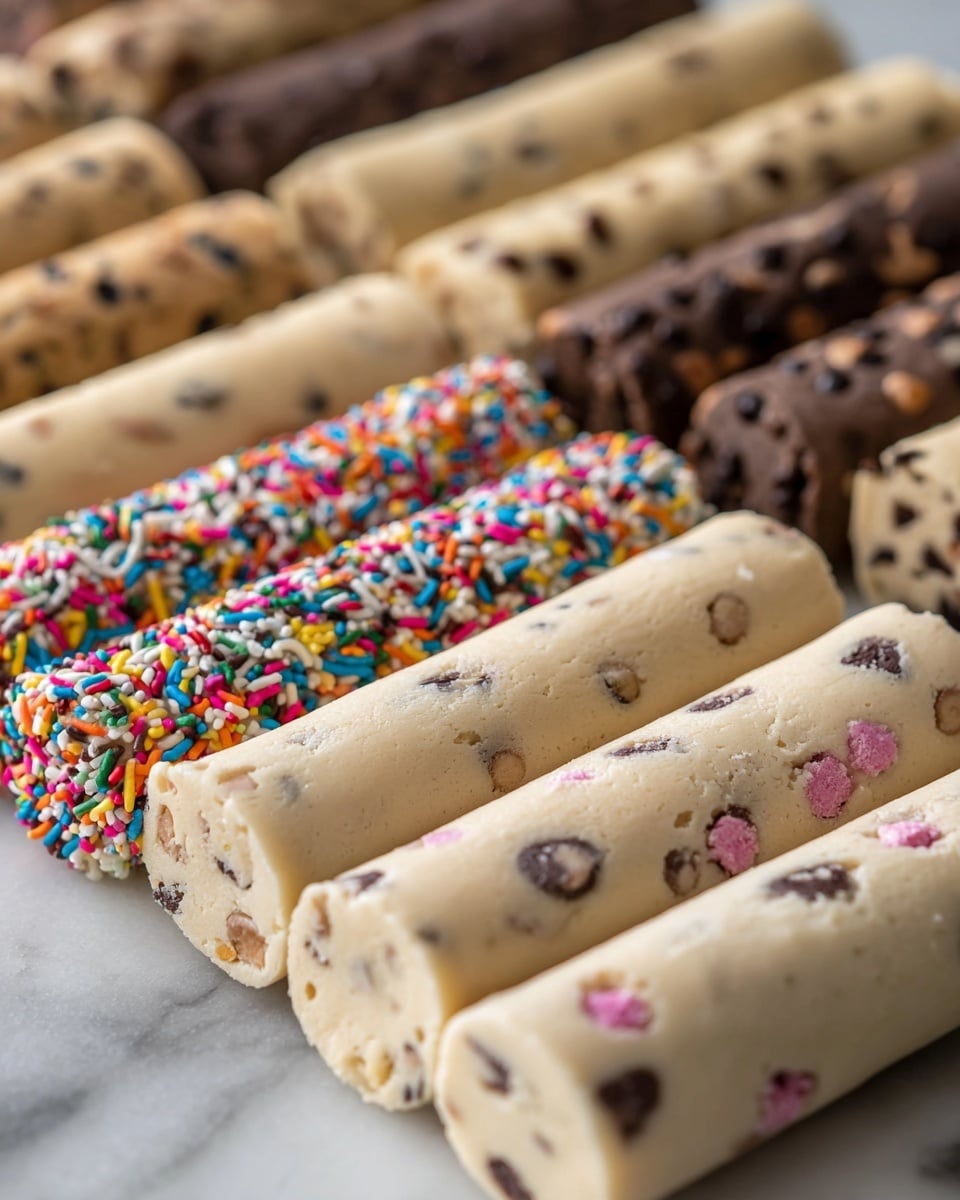 Several rows of cookie dough logs are placed closely on a flat surface with a white marbled texture. The front row features light beige dough with chocolate chips and small purple sprinkles scattered on top. Behind it, there are logs with rainbow and chocolate sprinkles embedded in light-colored dough. In the furthest row, there are darker chocolate dough logs. The dough logs are smooth in texture, uniform in shape with rounded edges, and all aligned diagonally from bottom left to top right. The photo taken with an iphone --ar 4:5 --v 7