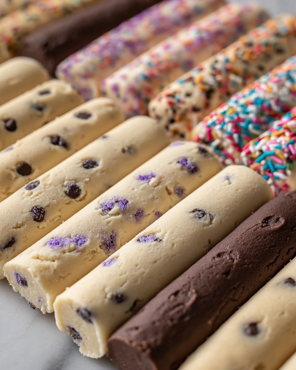 The image shows multiple thick cookie dough logs lined up on a white marbled surface, arranged close together in rows. The logs vary in texture and color; the front row has a pale, smooth dough with chocolate chips, pink sprinkles, and some chunks of nuts or dried fruit embedded in it. Behind this are logs decorated with colorful rainbow sprinkles and darker chocolate chips mixed into the dough. A few more logs further back look plain and light-colored, while the background row shows dark brown chocolate cookie dough logs with small chocolate chunks. The texture of the dough appears soft and slightly grainy, with the sprinkles adding small pops of bright color. Photo taken with an iphone --ar 4:5 --v 7