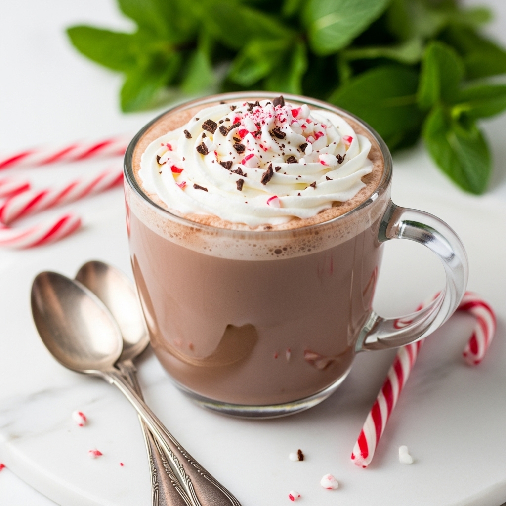 A clear glass mug filled with rich brown hot chocolate topped with a thick swirl of white whipped cream, sprinkled with small red and white peppermint bits and dark chocolate shavings. The mug sits on a white marbled surface next to two antique-looking silver spoons, fresh green mint leaves, and a few red and white candy canes scattered around. In the background, blurred green mint leaves add a fresh touch. Photo taken with an iphone --ar 4:5 --v 7