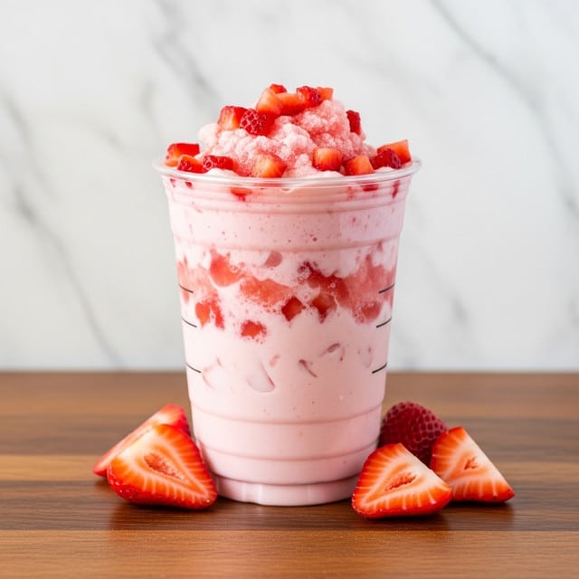 The image shows a clear plastic cup filled with a pink drink. The drink has two visible layers: a lighter pink creamy liquid at the bottom and a frosty layer on top mixed with pieces of red strawberries. The cup has a clear plastic lid and some strawberry slices scattered around its base on a wooden surface. The background is a white marbled texture. photo taken with an iphone --ar 4:5 --v 7