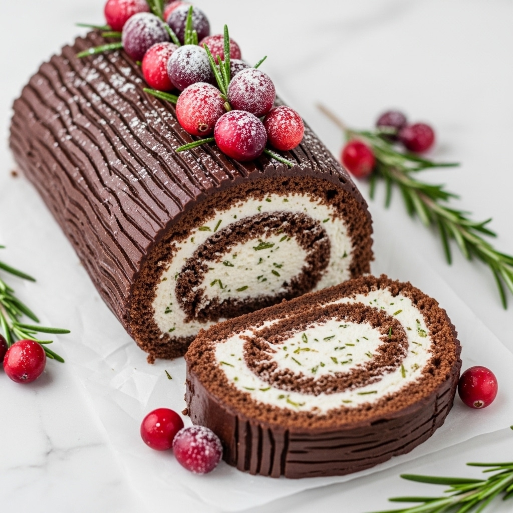 A close-up image shows a slice of chocolate roll cake on a white plate, with a spiral pattern of dark brown chocolate cake and white cream filling in four visible layers. The outside of the roll is coated in textured dark chocolate frosting with ridges. Next to the slice on the plate are two red cranberries and a sprig of rosemary. In the background, a larger piece of the chocolate roll cake sits on a round wooden board with bark edges, also decorated with cream and coated cranberries. The whole scene is set on a white marbled surface with scattered rosemary and cranberries around. photo taken with an iphone --ar 4:5 --v 7