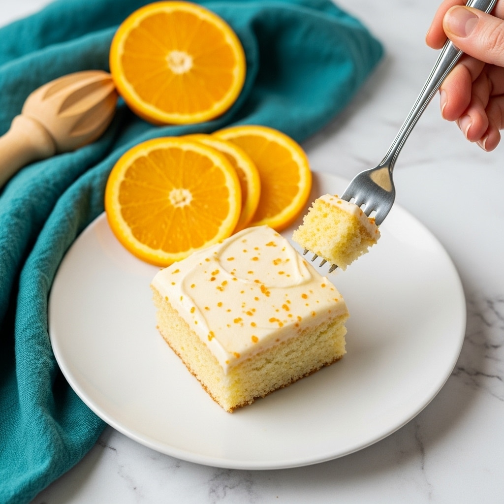 A white plate holds a square piece of light yellow cake with a smooth, creamy frosting that has tiny orange specks on top. Behind the cake, three bright orange slices are placed partially overlapping each other. In the foreground, a silver fork is lifting a small bite of the cake, held by a woman's hand visible at the edge of the image. The plate rests on a white marbled surface with a teal cloth folded nearby and a wooden citrus reamer lying next to a halved orange. Photo taken with an iphone --ar 4:5 --v 7