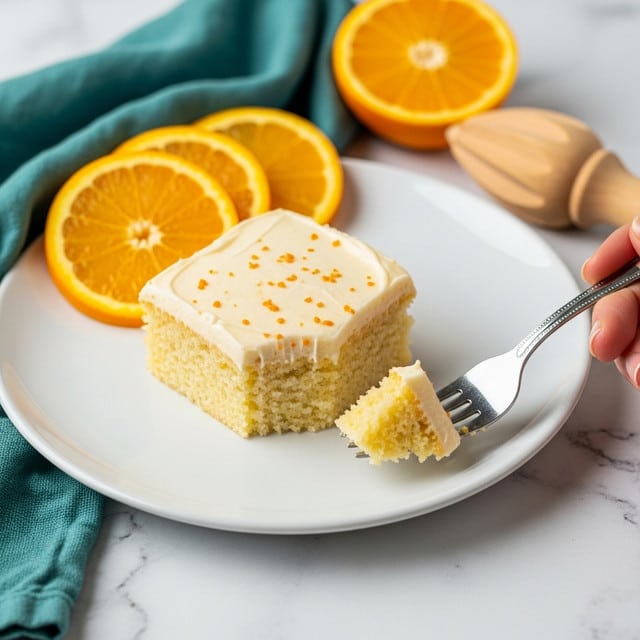 A single square piece of orange cake with a creamy, light orange frosting layer on top sits in the middle of a white plate. Behind the cake, three orange slices are arranged side by side, showing their juicy, bright orange color. The plate is placed on a surface with a white marbled texture, and in the background, there is a piece of teal cloth and a white dish filled with whole oranges. A white utensil with a white handle lies in front of the plate. Photo taken with an iphone --ar 4:5 --v 7