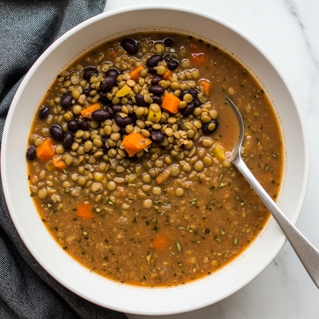 A deep white bowl filled with a thick lentil and black bean soup, showing two main layers: the bottom layer is a brownish liquid broth with specks of herbs, and the top layer is a mix of green lentils, black beans, and small chunks of orange and yellow vegetables, creating a chunky textured surface. A silver spoon is placed inside the bowl, resting on the right side. The bowl sits on a white marbled surface with a dark grey cloth partially under it on the left side. photo taken with an iphone --ar 4:5 --v 7