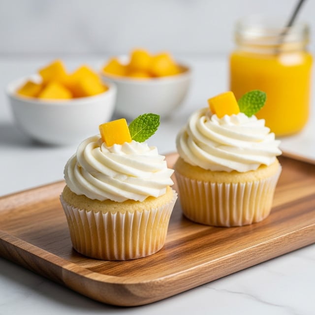 Two cupcakes sit on a wooden tray over a white marbled surface. Each cupcake has a light golden base wrapped in white paper. On top, there is a thick swirl of smooth, creamy white frosting. A small yellow mango chunk and a fresh green mint leaf rest on the frosting of each cupcake. In the blurry background, there are small white bowls filled with more mango pieces and a glass jar of bright yellow sauce. photo taken with an iphone --ar 4:5 --v 7