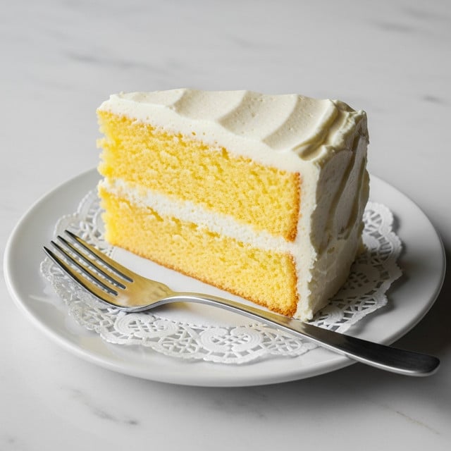 A slice of yellow sponge cake with two layers separated by a thin layer of white cream sits on a white plate lined with a paper doily. The cake is covered in a thick, fluffy white frosting, slightly textured on the sides and top. A silver fork lies diagonally across the plate next to the cake. The plate rests on a white marbled surface. photo taken with an iphone --ar 4:5 --v 7