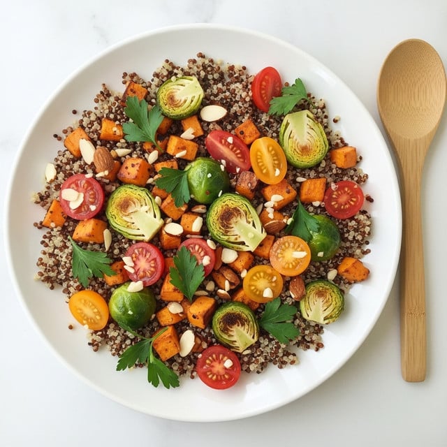 Fall Roasted Quinoa Salad with Butternut Squash, Brussels Sprouts, and Almonds Recipe