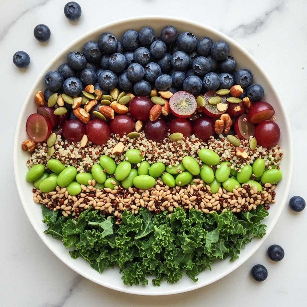 A white bowl filled with a fresh salad showing three main layers: the base layer is curly green kale with a rough texture, the middle layer has light green edamame beans and small white quinoa grains scattered evenly, and the top layer features deep red grapes, dark blue blueberries, light brown nuts, and seeds spread throughout. The background is a white marbled texture with a few blueberries scattered around the bowl. photo taken with an iphone --ar 4:5 --v 7