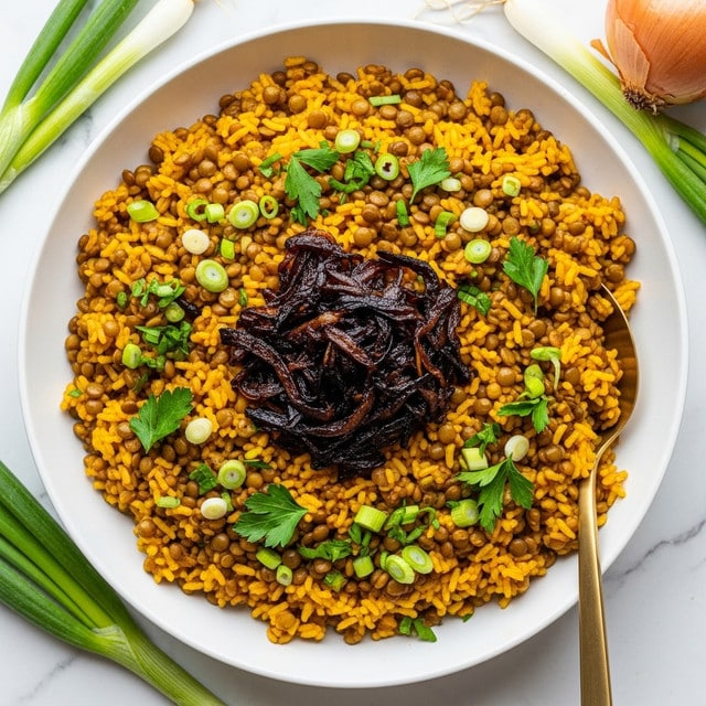 A large white bowl filled with a mixed dish of yellow-orange rice and green lentils, topped with a layer of caramelized dark brown onions placed in the center. Scattered on top and mixed throughout are small green chopped spring onions and parsley leaves, adding a fresh touch. The grains of rice and lentils look soft and slightly oily, with the lentils showing a slightly greenish-brown color. The bowl sits on a white marbled surface, with some whole spring onions and an onion placed nearby. A brass-colored spoon is partially inserted into the dish. photo taken with an iphone --ar 4:5 --v 7